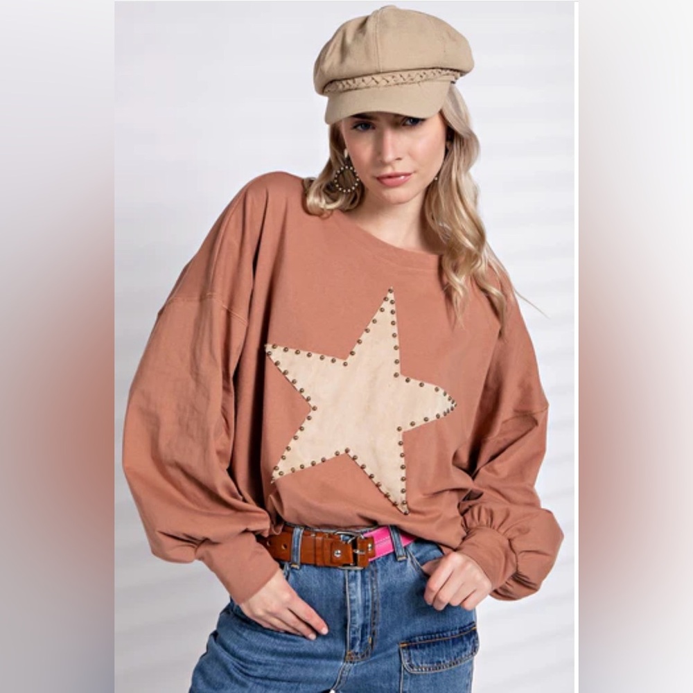 Easel Suede Patch Cotton Jersey Top in Camel